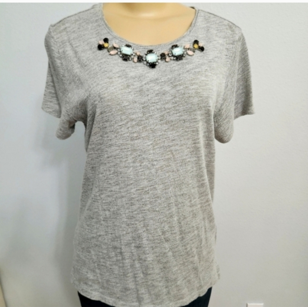 LOFT Heather Gray Embellished Short Sleeve Tee